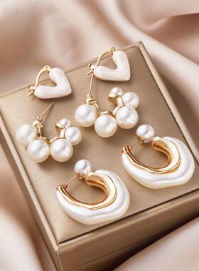 Heart pearl earrings set跨境金色滴油爱心珍珠耳环套装时尚耳饰
