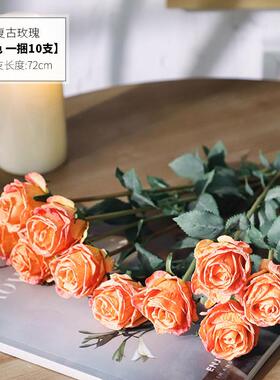 正品72cm束御瑰三摆件花艺花vinta泥ge复古多洛塔黄玫ins风仿真花