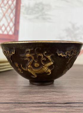 古玩杂项古董铜器清康熙年雕刻四方神兽碗包老保真传世收藏老物件