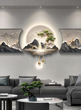 流水生财新中式客厅装饰画大气山水沙发背景墙挂画轻奢高档壁画灯