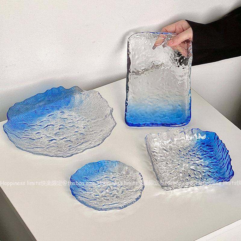 蓝色不规则冰川盘ins风家用精致高级感点心碟水果蛋糕甜品玻璃盘,淘宝优惠券,粉丝福利购,淘宝优惠卷