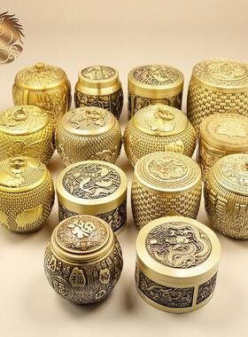 全黄铜五牛茶叶罐茶桌大号密封龙凤茶叶罐铜器摆件