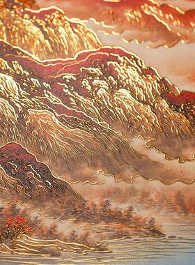 浮雕描金鸿运当头中式办公室挂画客厅装饰画山水画沙发背景墙壁画