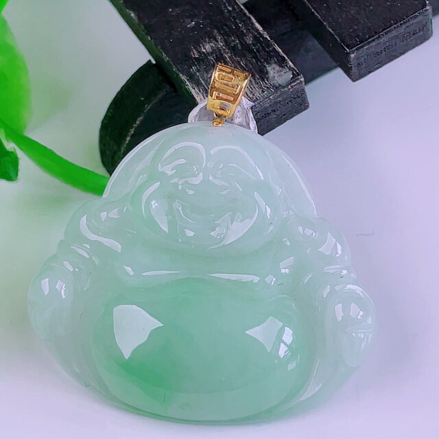 Burmese natural genuine jadeite 18k gold buckle ice type floating sun green full of floating flowers flashing Buddha jade pendant 6.90g