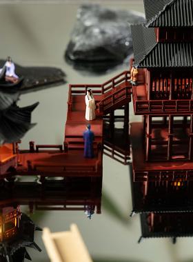 行云阁带灯凉亭带灯造景小摆件假山奇石水陆缸鱼缸庭院古建筑模型