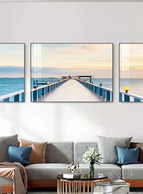 客厅装饰画北欧海岸沙发背景挂画现代简约海景三联画大气画