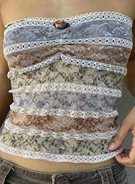 2000s Retro Cute Lace Trim Strapless Tube ops Summer Sleevel