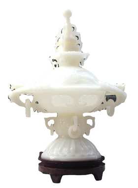 阿富汗玉石摆件 白玉镂空花熏薰香薰炉花瓶放香料玉石工艺品摆设