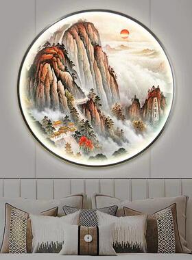 鸿运当头玄关装饰画带灯新中式圆形茶室背景墙灯画办公室山水挂画