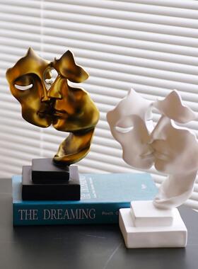 新款直销创意沉默是金情侣亲吻人脸面具树脂摆件个性家居房间装饰