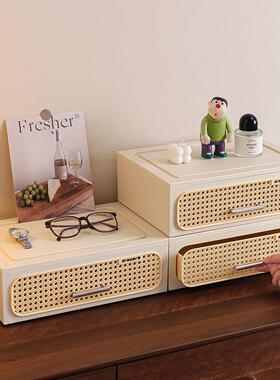 中古风仿藤编桌面抽屉收纳盒入门玄关大容量钥匙置物架化妆品收纳