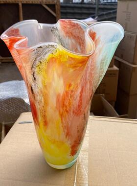 彩色肌理皱褶大口径中古风花瓶北欧手工琉璃玻璃花瓶花器摆件高级