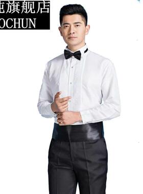 长袖白色修身衬衣男士舞台大合唱演出礼服衬衫结婚伴郎领结衬衫男