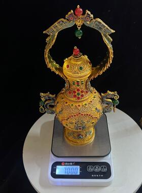 厂家 纯铜鎏金手工花丝镶嵌双凤衔珠宝瓶 仿古做旧工艺品摆件