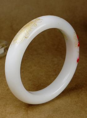 内径52mm收藏级保真新疆和田玉羊脂白玉冰种珐琅彩绘手镯46.80g