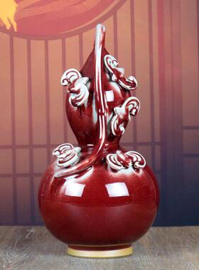 禹州钧瓷花瓶家居客厅中式钧窑陶瓷器工艺品福禄葫芦摆件五福临门