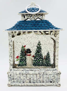 欧式复古树形风灯摆件蓝白四雪人四方水晶灯树脂工艺品音乐风灯