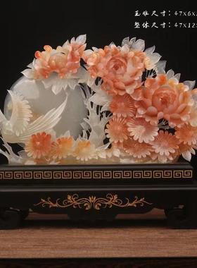 玉石如意牡丹花摆件花开富贵办公室玄关酒柜博古架入户摆设工艺品