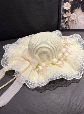 出游度假海边花朵女夏季拉菲草帽大檐草编防晒遮阳帽沙滩帽子女帽