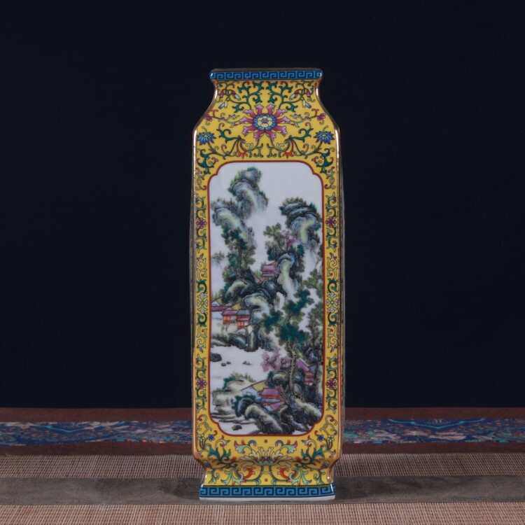 仿古四方瓶陶瓷插花摆件复古新中式珐琅彩花瓶粉彩山水客厅摆件,淘宝优惠券,粉丝福利购,淘宝优惠卷