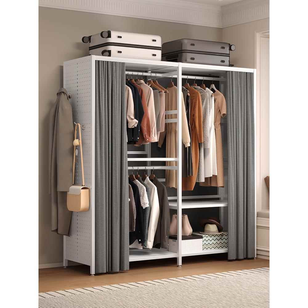 Perforated board wardrobe home bedroom simple dustproof cloth metal wardrobe iron hanger thickened floor-standing hanging wardrobe