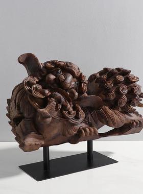 新中式麒麟狮子彷木侘寂风摆件样板房书房客厅软装饰品东方创意