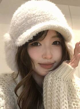 秋冬季韩系米白色毛绒护耳鸭舌帽子女加厚防寒保暖雷锋帽百1009z