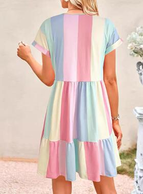 Women's Multicolor Striped Rainbow Colorblock Dresses V Neck