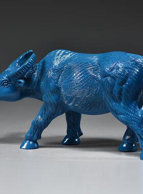 蓝色木雕牛摆件牛气冲天实木水牛工艺品十二生肖动物客厅开业送礼