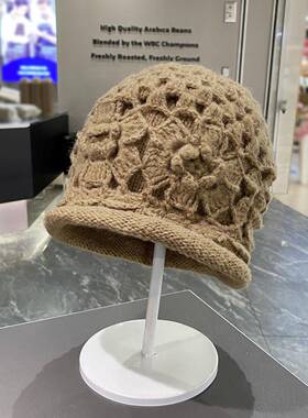 帽子手工钩织花朵包头帽女秋冬季双层卷边保暖百搭套头帽显1013d