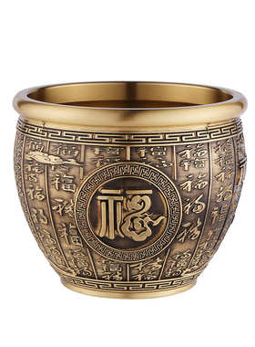 纯黄铜精雕百福祥云缸特大号招米缸聚宝盆书房桌面装饰品金属摆件