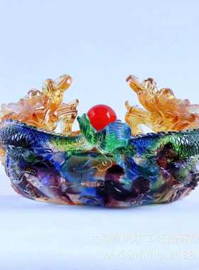 琉璃双龙戏珠聚宝盆摆件家居客厅玄关装饰品开业乔迁送礼