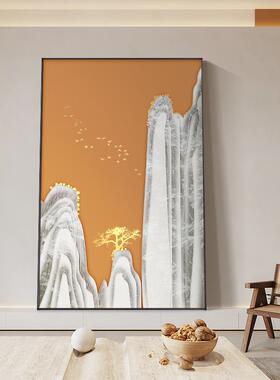 网红金画鸟户山水新中式玄客画厅挂国风沙饰发背墙景壁画橙色入关