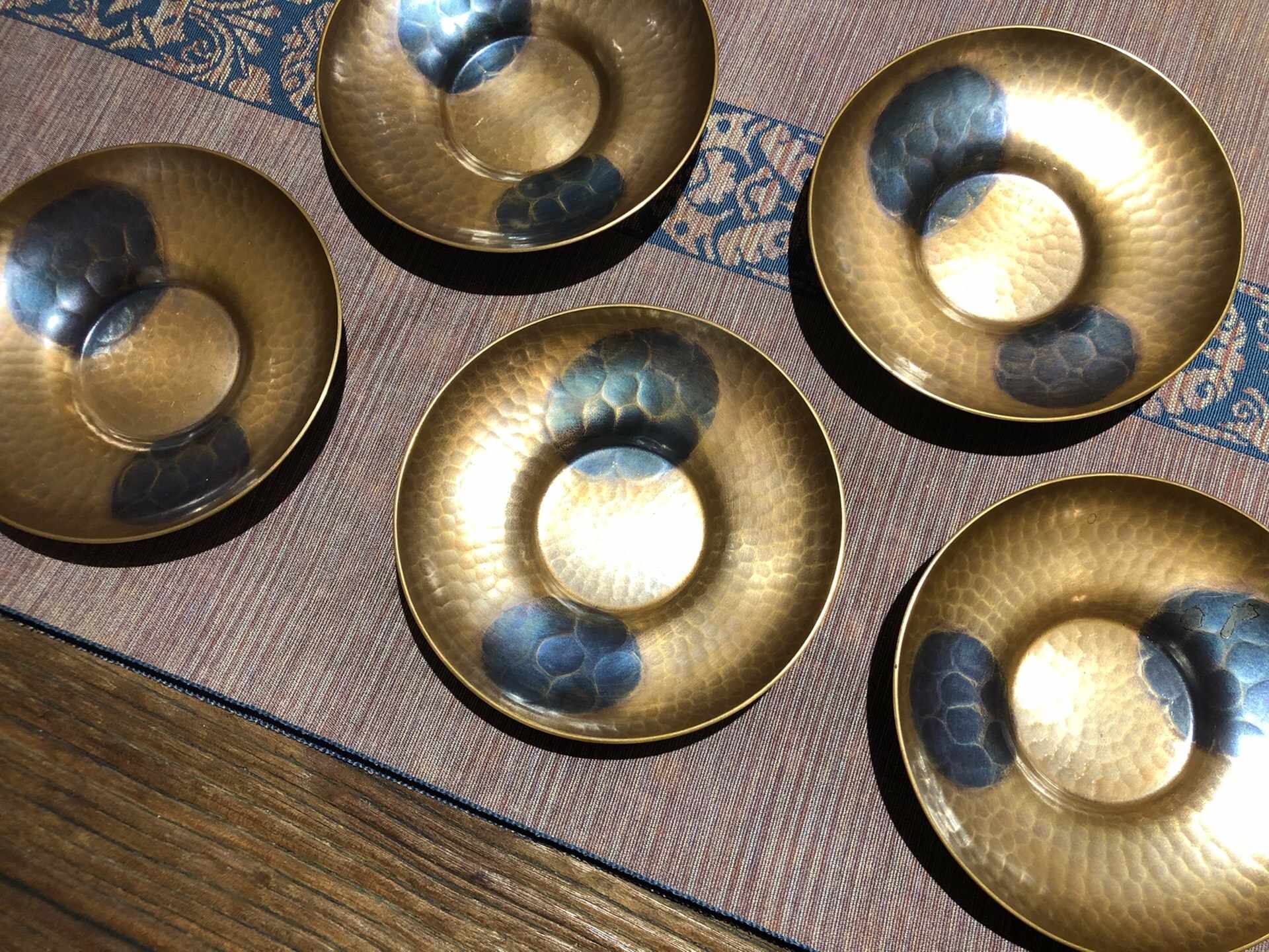 鎚起銅器 玉川堂造 鎚目打 銅老托子 茶托 五客 共箱 C 4551