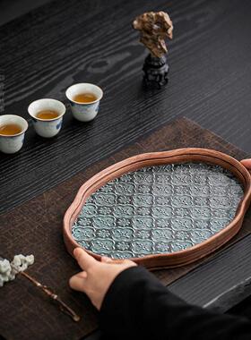 家用茶室水果点心盘收纳茶点盘中式海棠花玻璃茶托盘果盘竹制茶盘