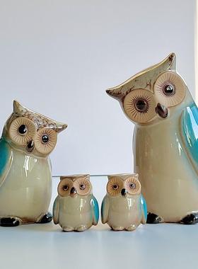 美式一家四口猫头鹰桌面小摆件家居装饰品创意酒柜客厅陶瓷工艺品