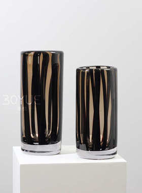 现代简约风黑色棕色条纹琉璃直筒花瓶样板间客厅家居软装饰品摆件
