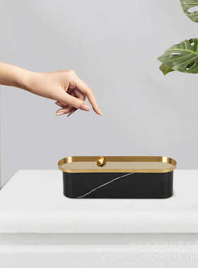 轻奢样板房软装饰品天然大理石不锈钢钛金托盘 客厅茶几玄关摆件