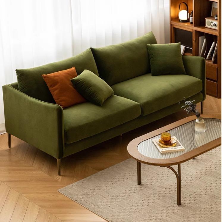 Retro style velvet sofa, small apartment furniture, fabric sofa, living room, simple modern straight row three-person sofa