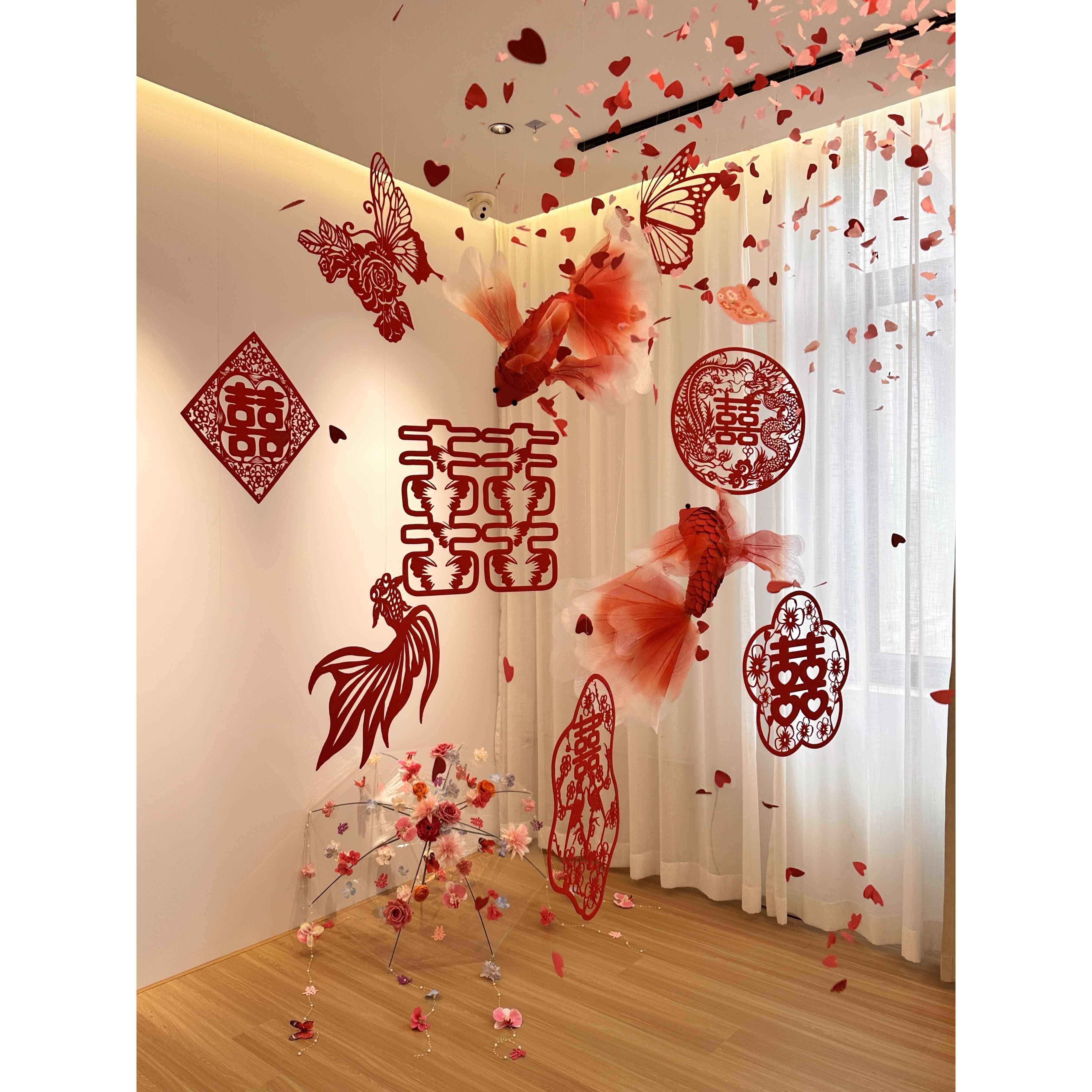 婚房布置结婚装饰卧室女方男方客厅拉花氛围感套装吊顶喜字背景墙,淘宝优惠券,粉丝福利购,淘宝优惠卷