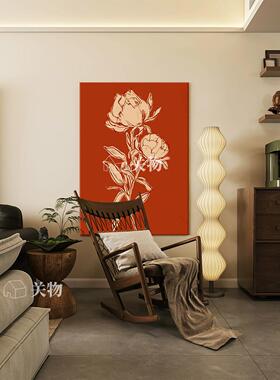 中古风中国红玫瑰花手绘油画客厅挂画大气轻奢极简花卉玄关装饰画