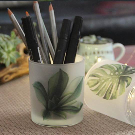 北欧绿植印花玻璃烛台DIY香薫蜡烛杯浪漫烛光晚餐笔筒装饰INS烛台