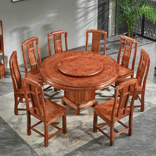 红木餐桌椅组合刺猬紫檀花梨木圆台全实木家具中式吃饭桌通板圆桌 - 图1