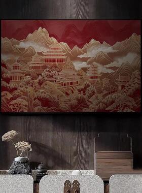 酒店饭店包厢红色高档新中式装饰画横版立体烫金大气茶室风景挂画