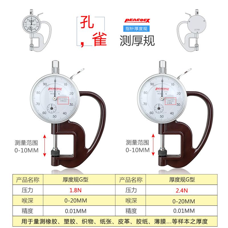 日本Peacock孔雀测厚规 H型薄膜测厚仪0-10mm厚度计 皮革厚度表 - 图1