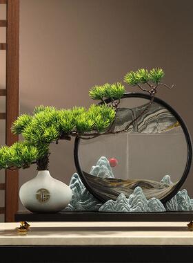 迎客松新中式客厅摆件高端大气上档次角几电视柜家俱流沙画 画装