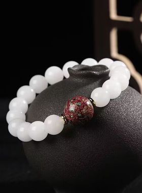 10MM清凉款高端和田白玉搭配大漆珠手链手串首饰