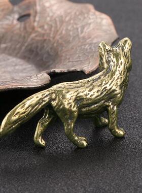 手跨境美CA1204式做旧黄铜实心狐狸摆书办公房桌面茶宠把件件小铜