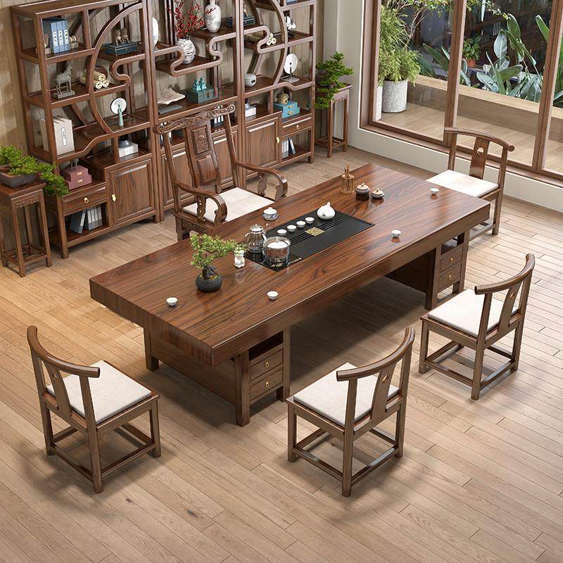大板茶桌椅组合一桌五椅新中式原木功夫茶台办公室实木茶几喝茶桌,淘宝优惠券,粉丝福利购,淘宝优惠卷