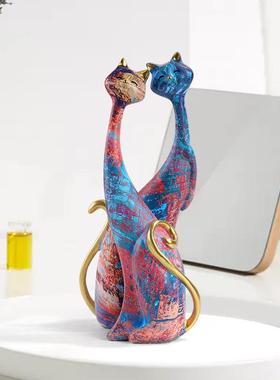 新中式摆件轻奢高档客厅创意家居油画猫抽象桌面树脂工艺品节日房